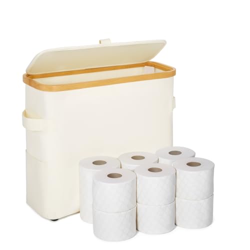 Vicyak Cesta de almacenamiento de papel higiénico, organizador de baño de bambú para 12 ruedas normales o 9 mega rollos, papelera con tapa y asa, contenedor de papel higiénico con polea, beige