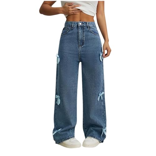 Oplxuo Jeans for Women Teen Girls Cute 3D Bows Denim Pants Y2K High Waisted Straight Leg Baggy Jeans Casual Preppy Clothes