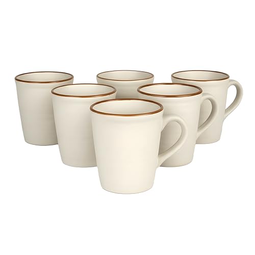 Image of miah decor Stoneware Coffee Mugs Set of 6 (320 ml Each) | Ceramic Tea Cups | Off-White Ribbed Mugs with Brown Rim | Microwave, Oven & Dishwasher Safe | Coffee, Tea, Milk Mugs