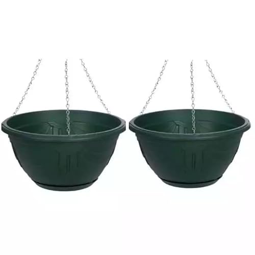 ZARVICZONIA Plastic Venetian Flower Basket Hanging Planter Garden Plant Pot With Chain 32cm (Green, Pack of 2)