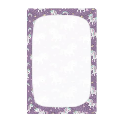 Image of Crib Sheet Breathable Soft Crib Mattress Sheet for Baby Toddler Boys Girls Fitted Crib Sheet Fit Standard Crib Mattress 52 x 28 Inch Purple Unicorns Rainbows