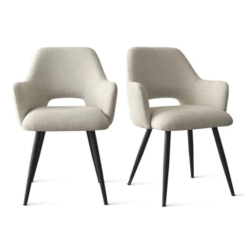 Image of Finch Fox Motel Luxurious Home Collection Upholstery Fabric Arm Dining Room Chairs in Beige Color with Black Metal Powder Coated Legs (Set of 2)