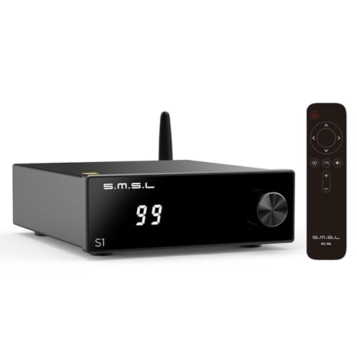 SMSL S1 100W×2 Mini Class D Amplifier Bluetooth 5.0 Stereo Amplifier 2 Channel Home Audio Amp Bass Treble EQ Control for Bookshelf/Desktop/Outdoor/Garage/Passive Speaker with Remote Control