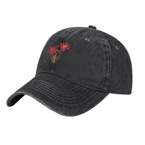 YYHHAOFA Black Red Spider Lily Prints Washed Cowboy Baseball Cap for Adults - Stylish and Breathable Hat