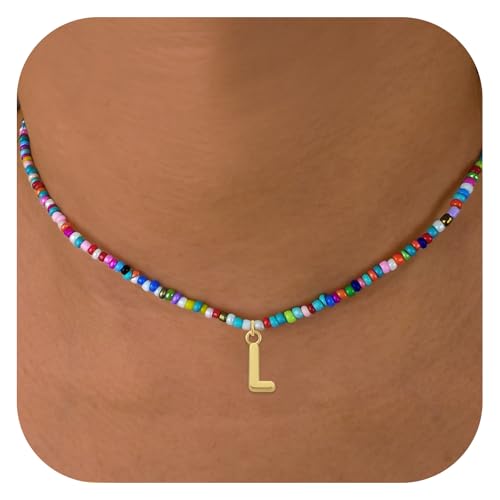 Colorful Beaded Initial Necklaces for Kids Girls, Personized Graduation Birthday Gifts - Choker Necklace for Women,Teen and Preteen Girls