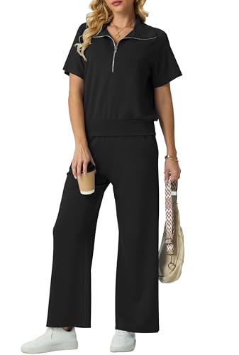 GRECERELLE Jogginganzug Trainingsanzug Damen Sommer Lässige Zweiteiler Outfits Tracksuit Kurzarm V Neck Halb Zip Tops und Jogginghosen Trainingsanzüge mit Taschen (Schwarz L)
