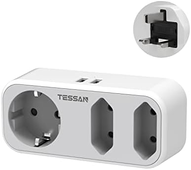 TESSAN Adapter podróżny UK Adapter Anglii Niemcy Wtyczka z 2 USB, 3-krotny adapter gniazdkowy, wtyczka podróżna adapter prądu do Irlandii Wielkiej Brytanii ścienna ładowarka stacja ładująca