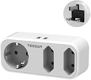 TESSAN Adapter podróżny UK Adapter Anglii Niemcy Wtyczka z 2 USB, 3-krotny adapter gniazdkowy, wtyczka podróżna adapter prądu do Irlandii Wielkiej Brytanii ścienna ładowarka stacja ładująca