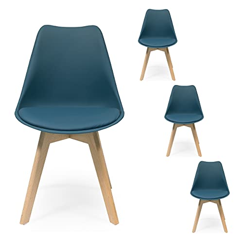 Homely | Pack de 4 Sillas de Comedor - Day | Asiento de Polipropileno | Silla Diseño Nórdico | Respaldo Ergonómico | Patas Madera de Haya | Silla para Comedor, Dormitorio, Cocina | Color Turqu