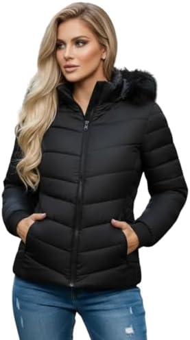 Jaqueta Puffer Feminina com Capuz Removível Casaco de Inverno Imp...