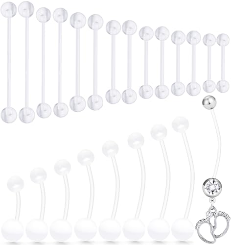 Ocptiy 14G Clear Plasic Tongue Ring Nipple Piercing Pregnancy Belly Button Navel Ring Maternity Flexible Acrylic Long Silicone Industrial Barbell Earring Retainer Piercing Jewelry Surgery Sport Women