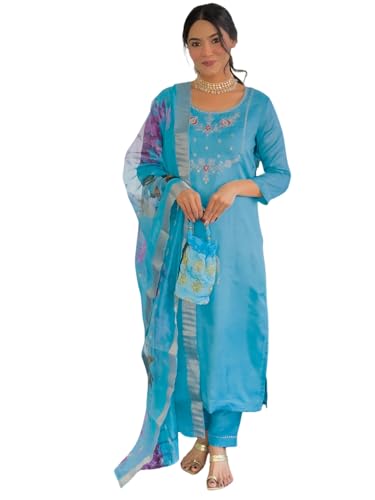 Image of Naixa Women's Viscose Embroidered Straight Kurta with Pant and Dupatta Sets (Available in Plus Size) (NX-665)