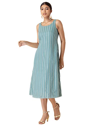 Image of Indya Women's Fit and Flare Cotton Striped Chanderi Dress with Organza Jacket Midi