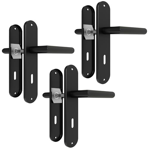 AwmnSrman Türgriffe Innentüren Schwarz Türklinke Türbeschlag Drückergarnitur Zimmertür Garnitur 72MM-BB-Buntbart Set 3er-Set Moderne Edelstahl 6 Türklinken & 6 Langschilder 240 * 50 mm