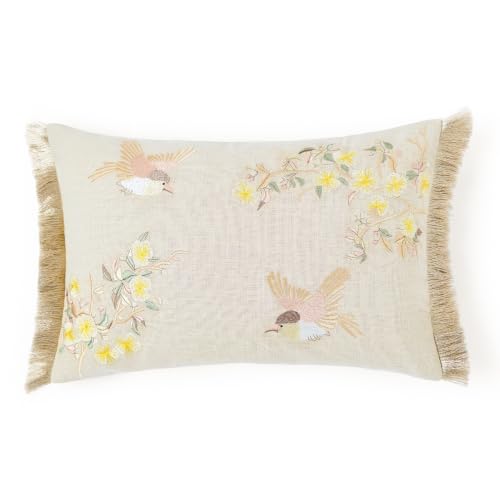 Image of haus & kinder Cushion Cover 12 x 18 Inch | Embroidered Decorative Cushion Cover for Sofa, Bed & Home Decor | Meadowbrook Wing Beige | Pack of 1