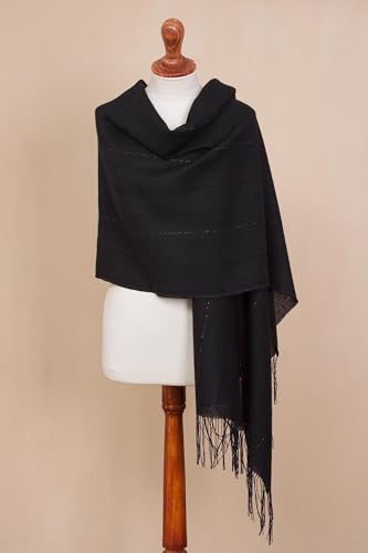 NOVICA Artisan Handmade 100% Alpaca Shawl Midnight Blue Woven Fringed from Peru Wool Accessories Shawls Solid ' Deep Sky'4
