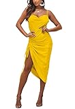 LYANER Women's Satin Spaghetti Straps Sexy Ruch Cowl Neck Cocktail Midi Dresses Bright Yellow Large