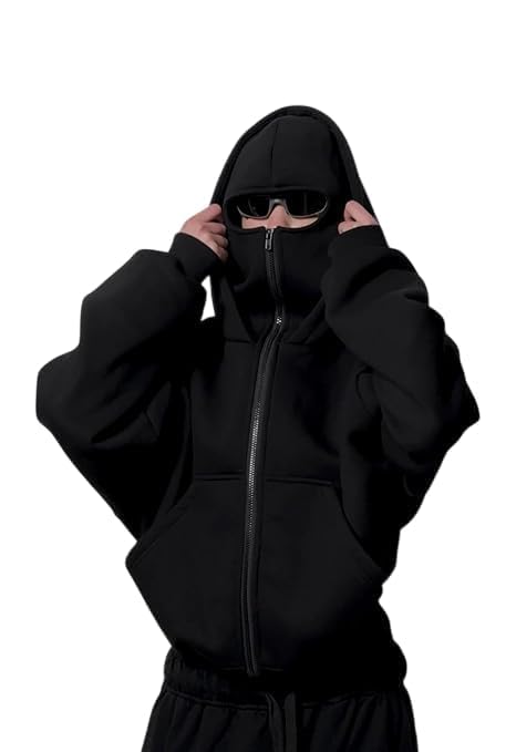 Oversized Balaclava Hoodie – Unisex Full Zip Hoodie with Face Mask, Oversized Fit, Streetwear Style with Built-in Face Cover, Warm Winter Jacket for Men & Women, Casual Travel (BLACK, 2XL)