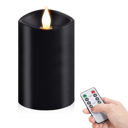 Image of 1PCS, 3 x 5 inches Flameless Candle with Remote Control, 3D Flickering Wick, Real Wax Pillar LED Candles, Battery Candles,with Timer,for Holiday Home Decor, Black
