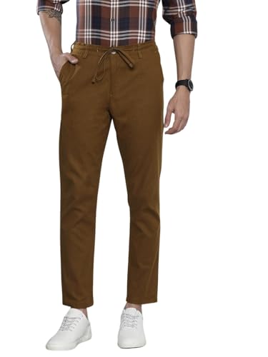 The Indian Garage Co Men Slim Fit Solid Mid-Rise Elasticated Linen Trousers Bronze Brown