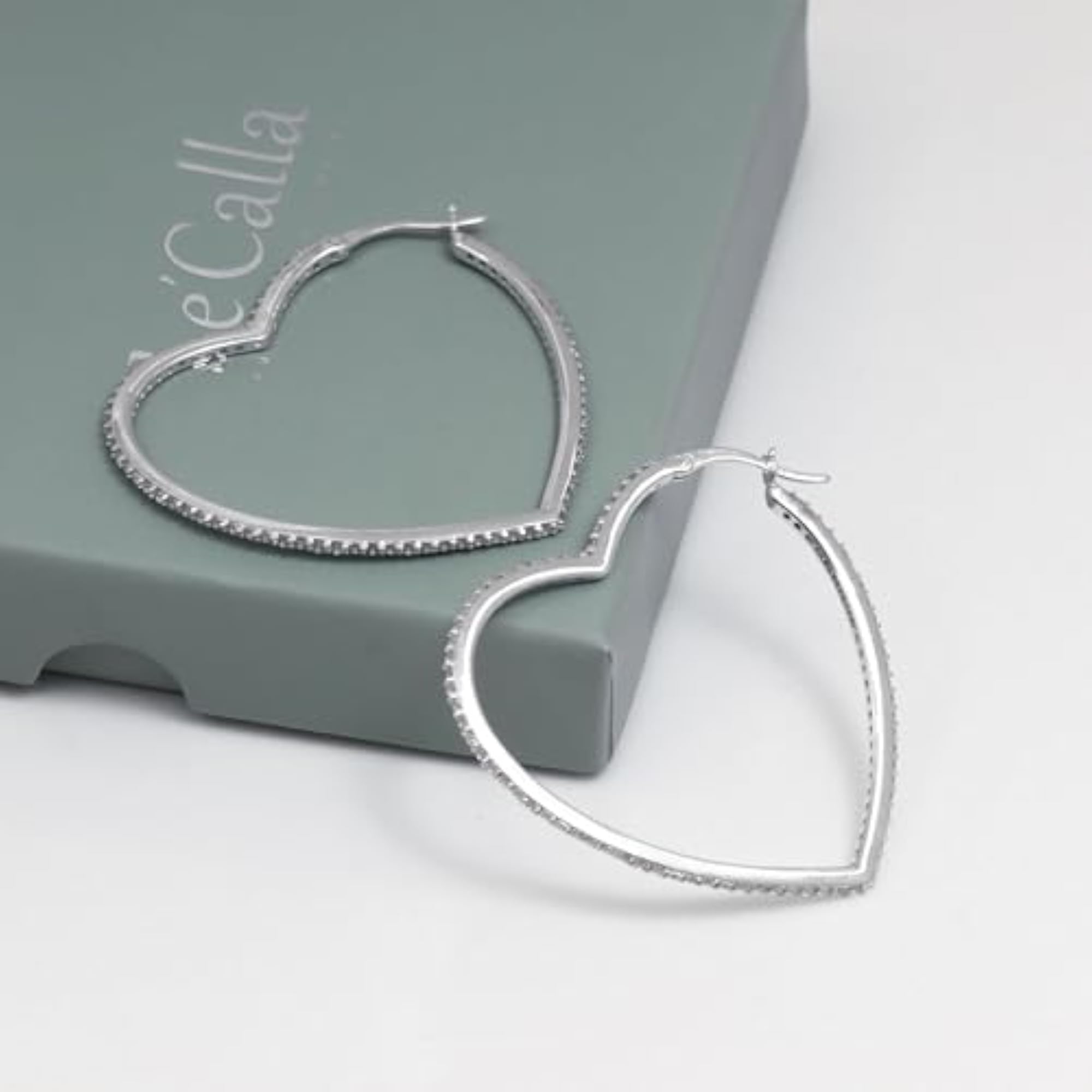 Women's 925 Sterling Silver Heart Hoop Earrings with CZ, 38MM