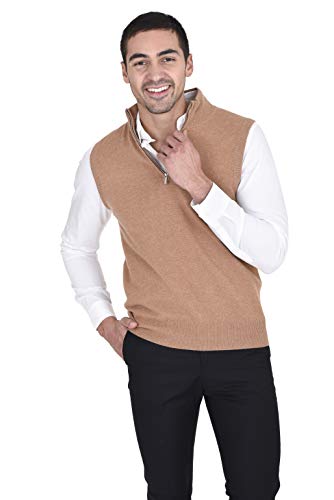 State Fusio Men's Quarter Zip Up Mock Neck Sweater Vest Cashmere Merino Wool Lightweight Sleeveless Pullover (XX-Large, Almond)