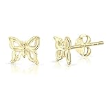 DTPsilver® Petits Clous/Puces d'Oreilles en Argent Fin 925 Plaqué Or Jaune - Petit Papillon avec Ailes Ajourées - Dimension: 8 x 7 mm