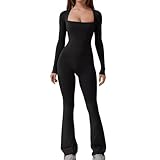 Hybursky Gym Jumpsuit for Women Long Sleeve Bodycon Bodysuit Seamless Square Neck Flared Wide Leg Yoga Playsuit Slim Fit Casual Full Length Jumpsuits Workout Going Outfits, Black/M
