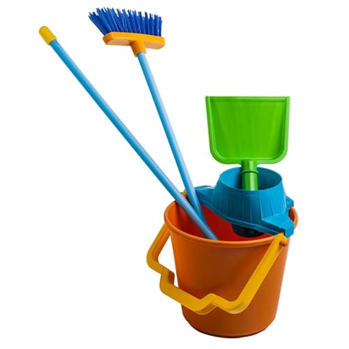 Acan Tradineur - Kit de Limpieza de Juguete con 4 Utensilios, plástico Resistente, Cubo, fregona, Escoba y recogedor, Barrer, Fregar, Regalo para niños, 60 x 23 x 23 cm, Color Aleatorio