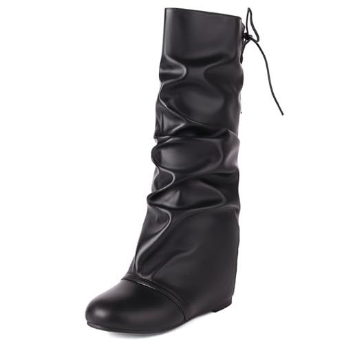 Mid Heel Slouch Boots Women Casual Work Mid Calf
