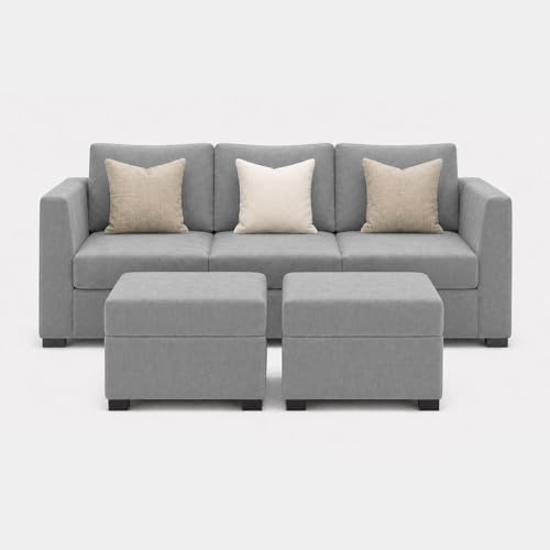 Image of FURNY Revona 5 Seater L Shape Sofa Set with 2 Movable Ottoman | Flexible Left or Right Layout | Plush Velvet Fabric (Light Grey) | Perfect for Living Room, Guest Room & Office