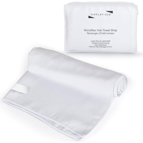 SimpleField Microfiber Hair Towel Wrap for Women - Large, Rectangle (27x40 Inches). Anti-Frizz Hair Towel with Elastic Band for Long, Curly, Thick Hair - Included Reusable Carry Bag (Bright White) Cover