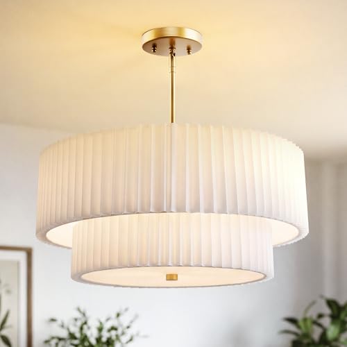 Image of 18 inch Double Drum Chandelier, 3-Light Gold Pendant Light Fixtures with Dual Layer Pleated Fabric Shade, Modern Chandeliers for Dining Room Kitchen Living Room Bedroom Hallway, AD-25036-3P-GD