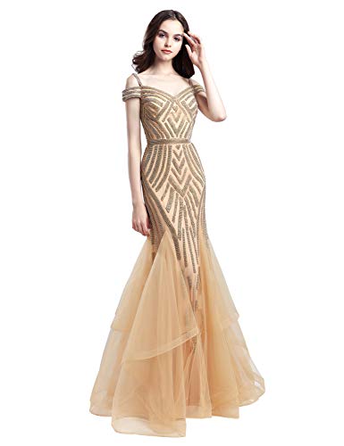 Sarahbridal Women's Mermaid Tulle Prom Dress Off The Shoulder 2020 Formal Long Evening Party Gowns Champagne US2