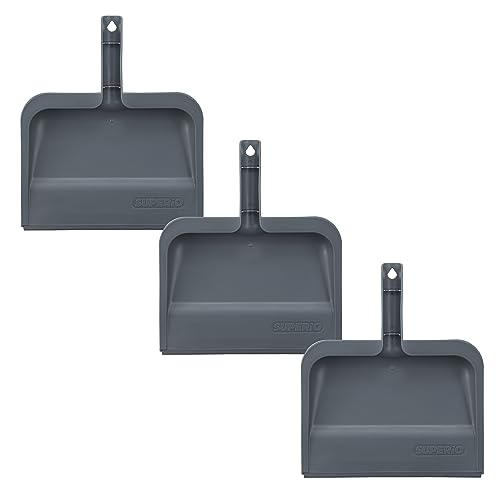 Image of Superio Clip-On Dustpan with Rubber Lip - 10-inch Wide Durable Plastic Dust Pan with Comfort Grip Handle, Grey, 3-Pack