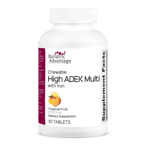 Bariatric Advantage Chewable High ADEK with Iron - for Bariatric Patients - High Potency Vitamin A D E & K - Includes B-Vitamins - Chewable Multivitamins - Tropical Fruit - 60 Count