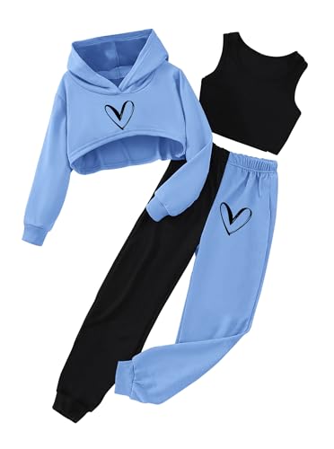 Hilinker Girls Graphic 3 Piece Outfits Workout Crop Hoodie Ribbed Tank and Sweatpants Set
