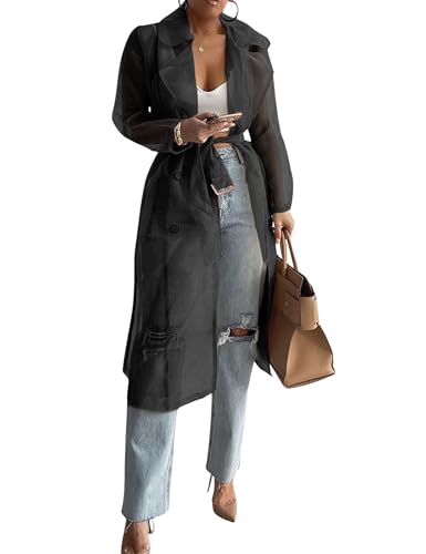 Yvipette Women’s Sheer Organza Buttoned Cardigan Long Sleeve Lapel Belted Open Front Cover Up