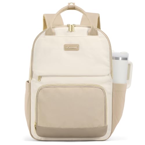 LOVEVOOK Rucksack Damen, 15.6 Zoll Laptop Schulrucksack Teenager mit Großem Flaschenfach, Uni Schultasche Travel Backpack Women Elegant, Arbeitstasche Tagesrucksäcke für Reise Schule, Khaki Beige