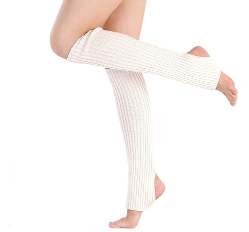 Long Leg Warmers Neon Ribbed Knit Leg Warmers for 80s Party Sports Dance Yoga(White)
