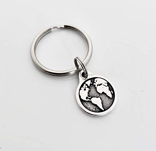 Travel The World Pewter Pendant Key Chain - Pewter World/Earth on Round Stainless Steel Key Ring2