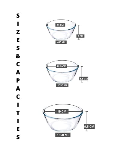 Image of Femora Borosilicate Glass Microwave Safe All-Purpose Mixing Bowls, 400 ML, 1050 ML, 1650 ML (Transparent)