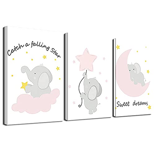 Image of Nicjoy Pink Elephant Star Canvas Children Print Baby Girls Nursery Wall Art Picture Painting Nordic Children Bedroom Decoration 3Psc/Set (12X16inchx3(30x40cmx3),No Frame)