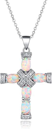 18K Gold Plated Created Opal Cross with Chain, 18 Inches with 2 Inches Extension