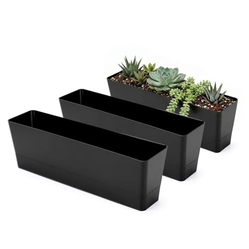 GREANER 3PCS 16x3.8 Inch Window Boxes Planters Black Rectangle Planters Box with Drainage Holes and Trays Herb Succulents Flowers Plastic Pot for Windowsill Garden Balcony Indoor Outdoor Decor