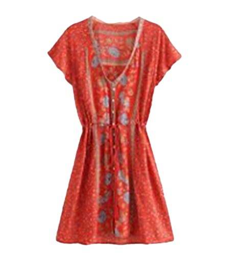Robe courte d'été rouge col en V ajustée contre la chaleur estivale S