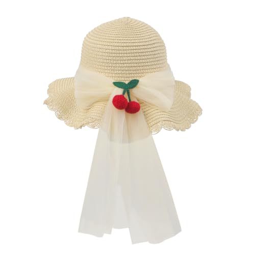 Little Girl Breathable Summer Straw Hat Cute Cherry Lace Bowknot Sun Hats Kids Floppy Beach Cap Wide Brim Sun Visor2