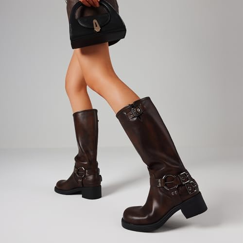 Image of AMINUGAL Knee High Boots Women Square Toe Pull On Wide Calf Riding Fashion Buckles Chunky Metallic Casual Vintage Buckle Rivet
