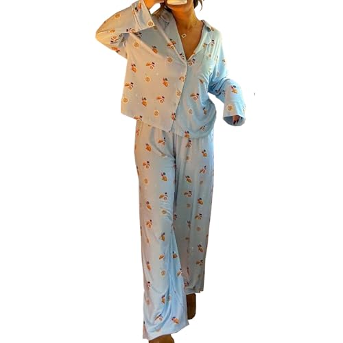 ZZEVOLSS Conjunto de pijama floral Y2K para mujer, estampado de desayuno, camisa de manga larga, pantalones y conjunto de 2 piezas para descansar, Azul, M ZZEVOLSS Conjunto de pijama floral Y2K para mujer, estampado de desayuno, camisa de manga larga, pantalones y conjunto de 2 piezas para descansar, Azul, M