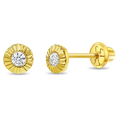 14k Yellow Gold 4mm Clear Cubic Zirconia Round Sunflower Screw Back Earrings for Little Girls - Lovely Flower Screw Back Earrings for Babies, Infants & Toddlers